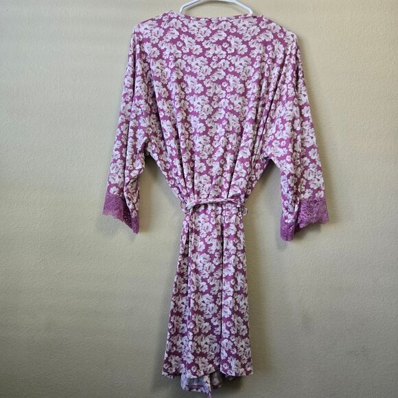 FLORA NIKROOZ Medium Knit Flora Printed Wrap Short Robe Kimono Lace Trim Sleeve - Picture 7 of 7